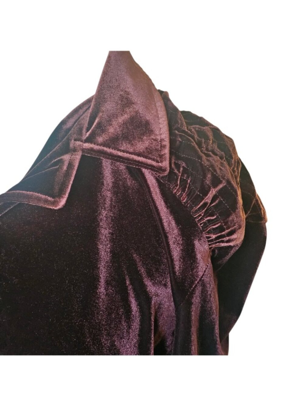 Y2K Burgundy Velvet Velour Button Up Shirt Blouse Sz M Ruched Shoulders Purple - Picture 2 of 8